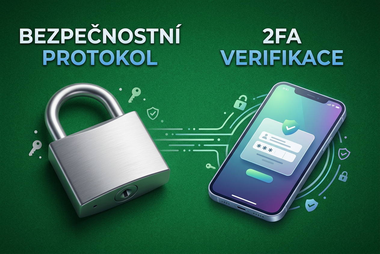 Infografika s českým textem o bezpečnosti transakcí s názvy BEZPEČNOSTNÍ PROTOKOL a 2FA VERIFIKACE